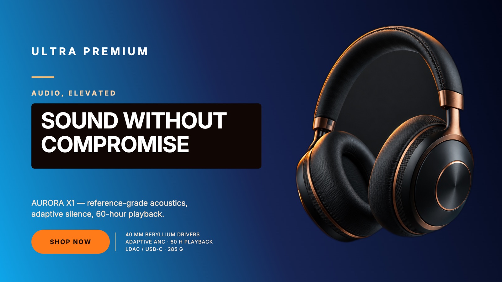 Aurora X1 headphones launch banner reading Sound Without Compromise
