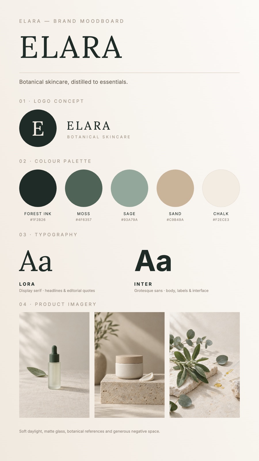 Elara botanical skincare brand moodboard